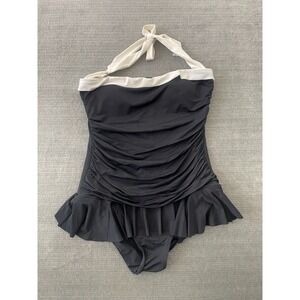 Lauren Ralph Lauren Swimsuit Women 14 Black Ruched Skirted Halter Neck Retro